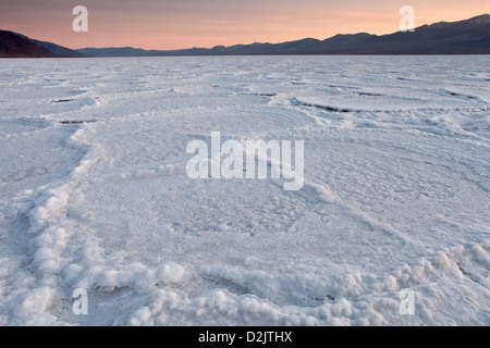 Polygones de sel à pan Badwater pendant le coucher du soleil, Death Valley National Park, en Californie. Banque D'Images