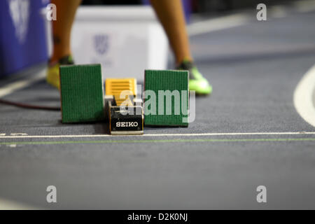 Glasgow, Royaume-Uni. 26 janvier, 2013. Blocs de départ - à l'Athlétisme britannique Glasgow International Match Unis Arena Banque D'Images