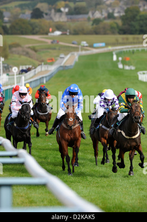 Les jeunes jockeys race jusqu'à la colline dans le 148cm et sous Charles Owen race poney lors d'une réunion finale pour enfants à Cheltenham, Racecour Banque D'Images