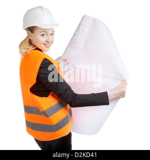 Femme ingénieur avec encombrement, isolated on white Banque D'Images