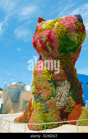 Le Guggenheim, conçu par l'architecte Frank Gehry, canado-américaines et puppy dog statue de fleurs, Bilbao, Banque D'Images