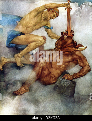 Dans la mythologie grecque, Thésée est un héros légendaire d'Athènes, qui tue le Minotaure, fils du roi Minos de Crète. Banque D'Images