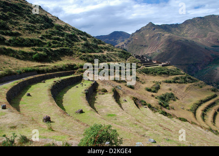 Terrasses Inca à la forteresse en ruines de Pisac, dans les montagnes andines du Pérou Banque D'Images