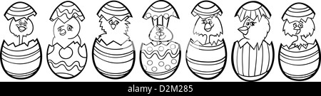 Illustration Cartoon noir et blanc de six petits poulets et poussins ou un lapin de Pâques en coquilles d'oeufs de Pâques colorés Banque D'Images