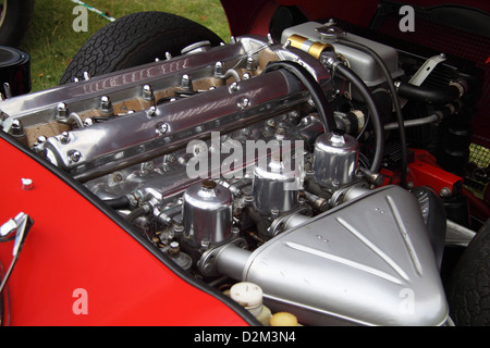 Vue du moteur d'une Jaguar de type E rouge lors d'un spectacle de voitures classique dans le Yorkshire. Banque D'Images