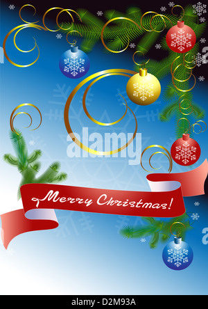 Arbre de Noël avec ruban rouge sur fond bleu foncé Banque D'Images