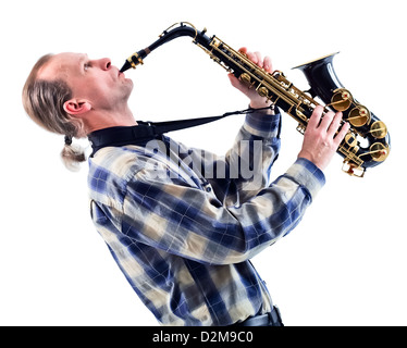 Homme avec saxophone isolé sur fond blanc Banque D'Images