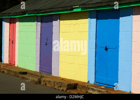 Rangée de cabines de plage aux couleurs vives en Folkestone au début du sentier du littoral à pied. Banque D'Images