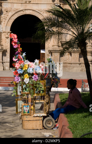 Fleurs artificielles en vente dans un centre commercial par une cathédrale dans une petite ville de l'État de Sinaloa, au Mexique. Banque D'Images