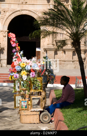 Fleurs artificielles en vente dans un centre commercial par une cathédrale dans une petite ville de l'État de Sinaloa, au Mexique. Banque D'Images