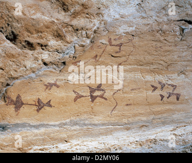 Mésolithique l'art préhistorique. Style Levantine. Schéma pour la peinture. Grotte de Los Letreros. Velez Rubio. L'Andalousie. L'Espagne. Banque D'Images