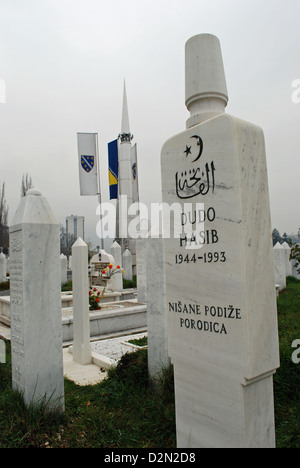 Tombes de Soldats musulmans dans le cimetière Koševo, Sarajevo. Shahid Martyrs' memorial en arrière-plan. Banque D'Images