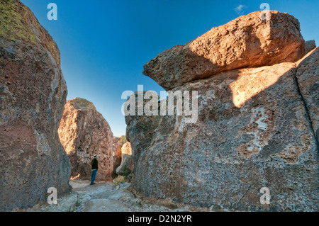 Randonneur à formations de roche volcanique au City of Rocks State Park, Valley, Désert de Chihuahuan Mimbres, New Mexico, USA Banque D'Images
