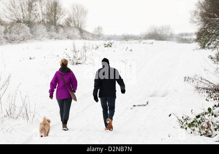 Deux personnes et leur chien marcher dans la neige couverts campagne de l'Essex. Banque D'Images