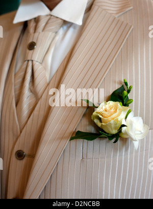 Détail de fleurs de boutonnière du marié de mariage dressup Banque D'Images