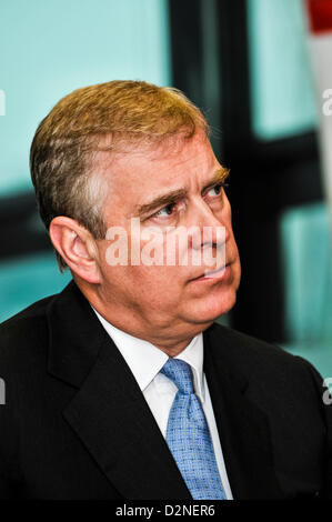 29 janvier 2013 à Belfast, en Irlande du Nord. Le prince Andrew, duc d'York, à l'Irlande du Nord Science Park Banque D'Images