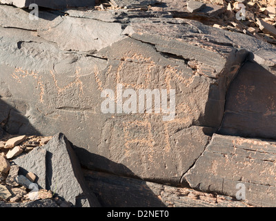 Rock art sur le site de l'Oued Foum Chenna, Tasminaret Vallée, Tinzouline, vallée du Drâa, Maroc, Afrique du Nord Banque D'Images