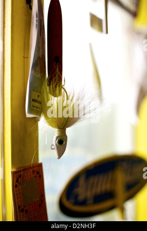 Des leurres de pêche sont exposés dans un magasin de matériel de Montauk, capturant l'essence de la culture de pêche côtière et du patrimoine de plein air de long Island. Banque D'Images