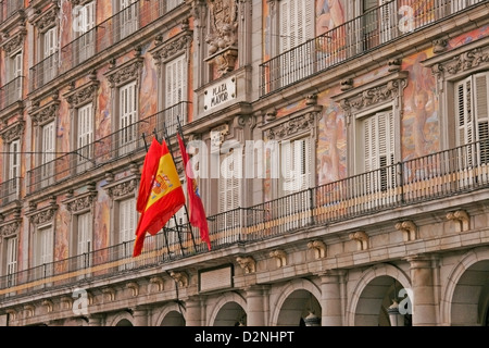 Détail d'une façade décorée et d'un balcon à la Palza Mayor, Madrid, Espagne Banque D'Images