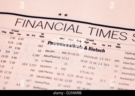 Produits pharmaceutiques et biotechnologiques et les prix des actions dans le journal Financial Times, UK Banque D'Images