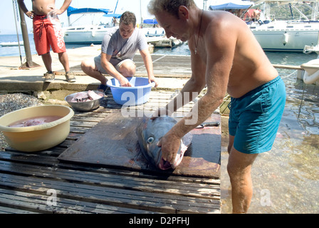 La préparation de Chair de Thon Blanc Germon à l'extérieur pour la cuisson du poisson en cours de préparation Banque D'Images