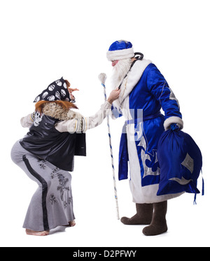 Baba Yaga et le Père Noël. Isolated on white Banque D'Images