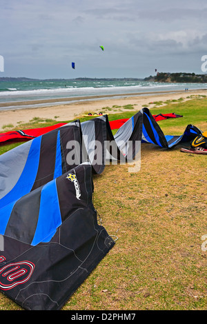 Le kitesurf sur la plage à Arcachon, au nord d'Auckland, île du Nord, en Nouvelle-Zélande. Banque D'Images