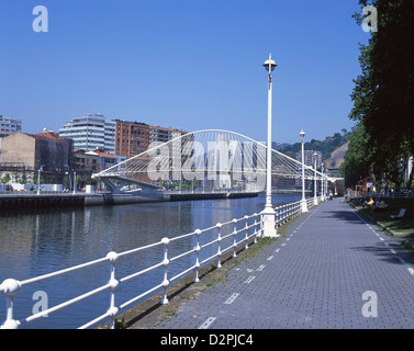 Pont suspendu sur le Zubizuri fleuve Nervión, Bilbao, Biscaye Province, Pays Basque, Espagne Banque D'Images