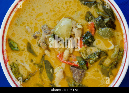 Vue de dessus le curry de poulet dans un bol vert sur fond bleu Banque D'Images