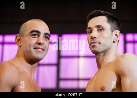 Düsseldorf, Allemagne. 31 janvier 2013. Boxeurs Poids moyens de l'Allemagne Felix Sturm (R) et l'Australie's Sam Soliman face off à Duesseldorf, Allemagne, 31 janvier 2013. Sturm sera fort Soliman à Düsseldorf le 01 février 2013. Photo : ROLF VENNENBERND/dpa/Alamy Live News Banque D'Images