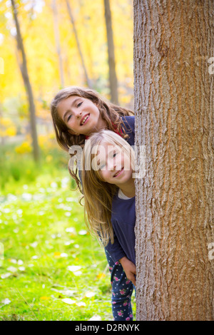 Kid sister automne filles jouant en forêt près de Poplar tree trunk dans nature plein air Banque D'Images