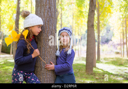 Kid sister automne filles jouant en forêt près de Poplar tree trunk dans nature plein air Banque D'Images