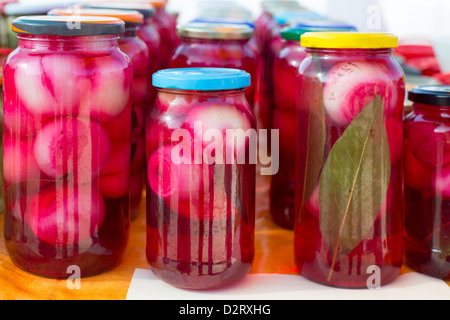 Méditerranée oignons marinés dans du vinaigre rouge des pots de verre, de la nourriture en traditionnel Banque D'Images