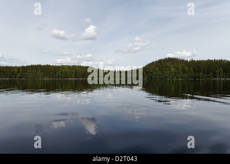 Forêt reflète dans le lac Haukivesi, Parc National de Linnansaari, Finlande Banque D'Images