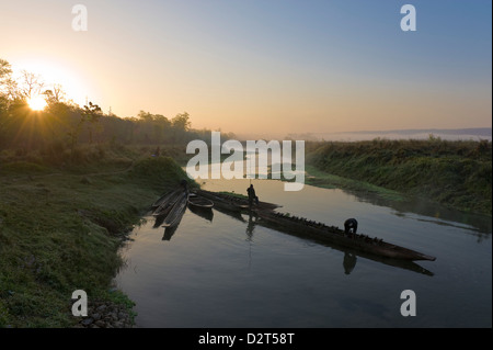 L'aube sur le parc national de Chitwan, classé au Patrimoine Mondial de l'UNESCO, dans l'ouest de Terai, Népal, Asie Banque D'Images