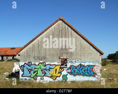 Village de vacances abandonné, Pirou Plage, Normandie, France Banque D'Images