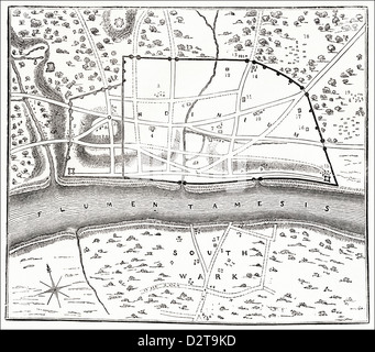 Plan de Londres romain montrant les murs de la ville et la Tamise gravure victorienne de la coupe de bois vers 1845 Banque D'Images