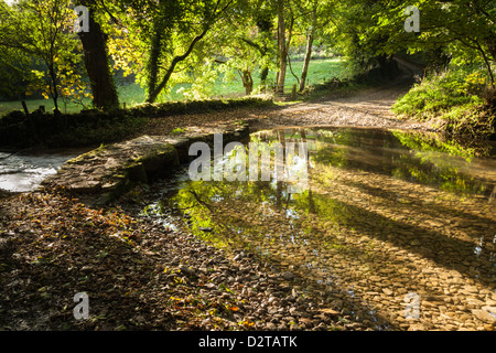 Un pont de pierre clapper et ford traverse la rivière Windrush près de Kineton dans les collines des Cotswolds, Gloucestershire, Angleterre Banque D'Images