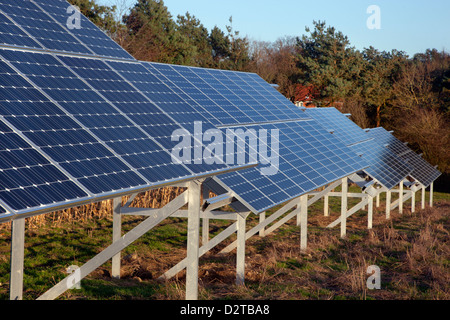 Panneaux solaires sur farm pointe sur le bord du champ de culture de la betterave à sucre Norfolk Banque D'Images