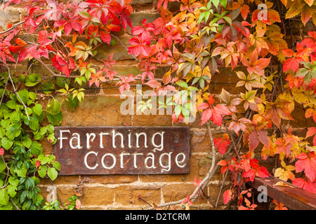 En bois sculpté, une enseigne de Farthing 'cottage' situé contre un mur de pierre, encadré par Virginia creeper, Northamptonshire, Angleterre Banque D'Images