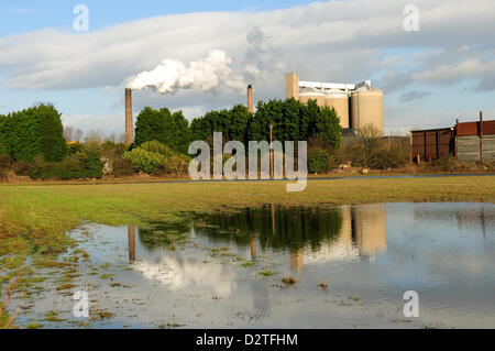 Newark-On-Trent, Notts., UK. 1er février 2013. Cette usine de transformation de sucre britannique est en pleine production alors que ses environs sont inondés. Les champs environnants sont déjà saturées donc pas non plus prendre de l'eau de la rivière en crue Trent. Banque D'Images