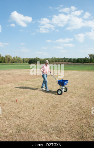 Le râtelage homme à planter un jardin sol Banque D'Images