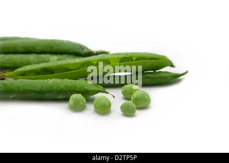 Les gousses de pois verts frais isolé sur blanc. Banque D'Images