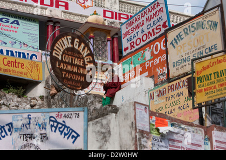 L'Inde, Rishikesh. Annonces près de la passerelle sur le Gange (Ganga). Restaurants, Yoga, hébergement. Banque D'Images