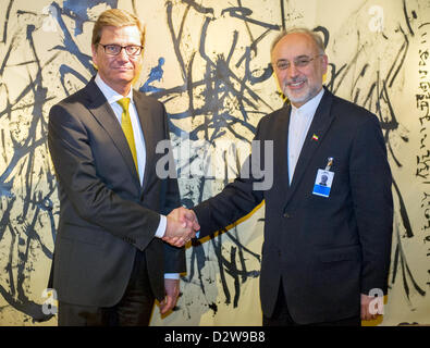 Miniter allemand des affaires étrangères Guido Westerwelle (FDP, L) et le Ministre égyptien des affaires étrangères Ali Akbar Salehi saluent à la 49e Conférence de Munich sur la politique de sécurité à Munich, Allemagne, 02 février 2013. La conférence aura lieu du 01 au 03 février 2013 et sera suivi par quelque 400 participants de 90 pays. Photo : MARC MUELLER/Alamy live news. Banque D'Images