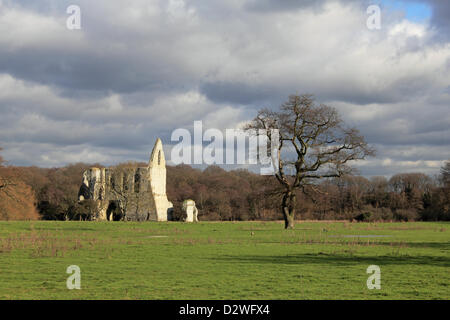 2 février 2013. Pyrford, Surrey, Angleterre, Royaume-Uni. Le soleil brille sur les ruines de la Newark Priory. Fondée au 12ème siècle sur les rives de la rivière Wey et détruit par le Roi Henry VIII lors de la dissolution des monastères 1538. Banque D'Images