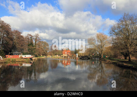 2 février 2013. Ripley, Surrey, Angleterre, Royaume-Uni. Le soleil brille sur une froide journée d'hiver et des chips. Les bateaux sont amarrés dans l'eau calme de l'avant de Walsham Weir et verrouiller sur la rivière Wey. Banque D'Images