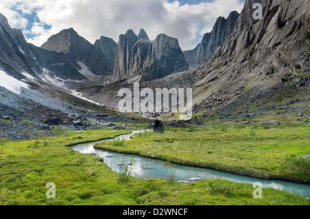 Cours d'eau par Fairy Meadow dans le Cirque de l'Unclimbables, Territoires du Nord-Ouest, Canada. Banque D'Images