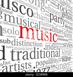 Styles de musique concept dans word tag cloud on white Banque D'Images