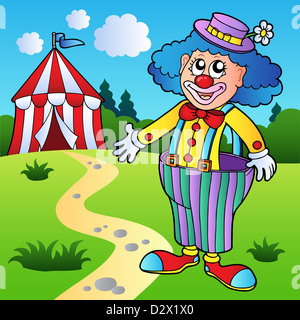 Clown à grand pantalon avec tente de cirque - illustration couleur. Banque D'Images